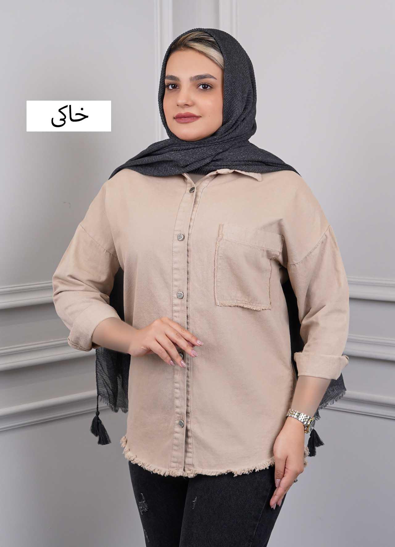 شومیز کتان  202716 - رنگ : خاکی  سایز : L