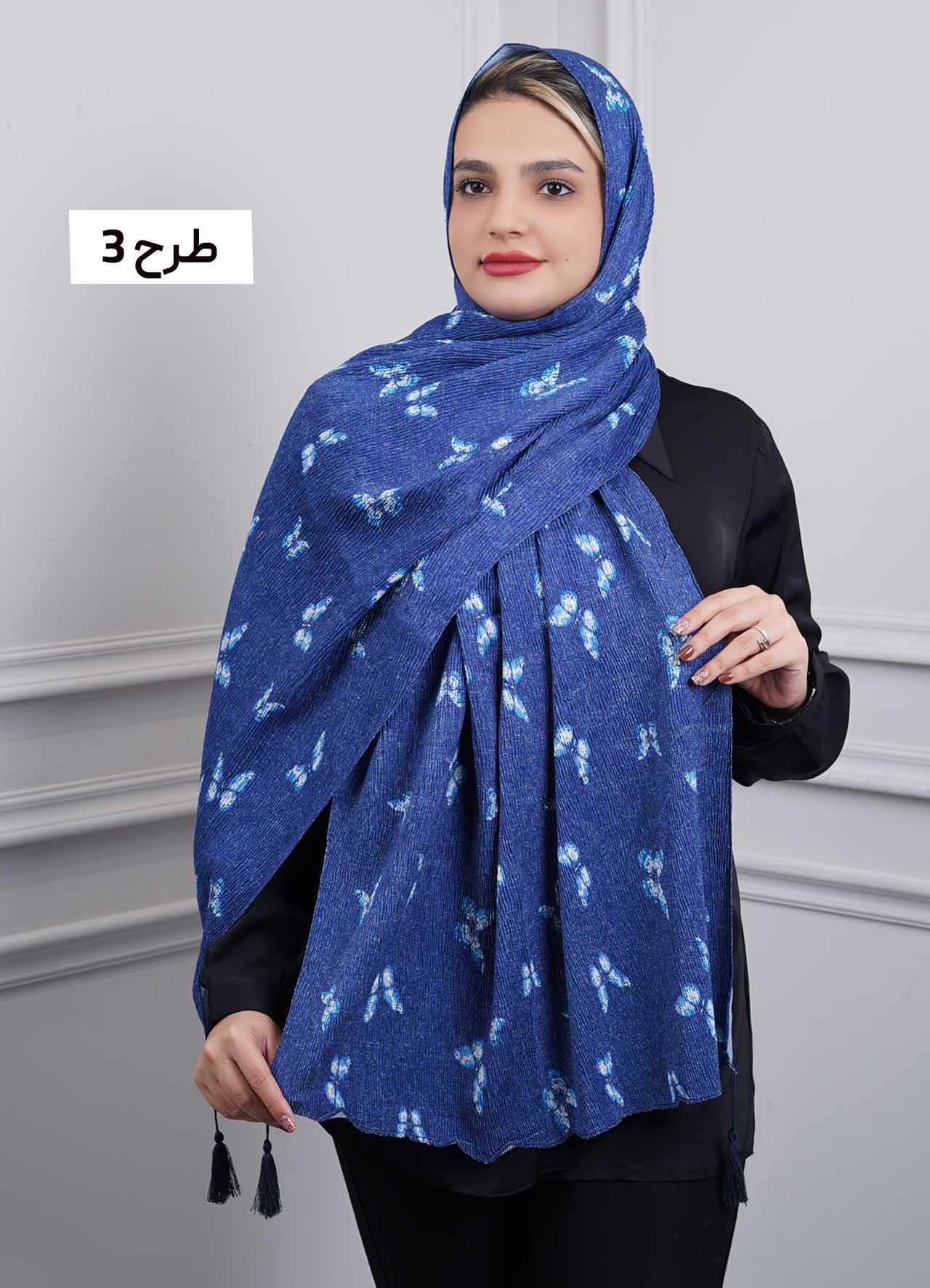 شال برشکا وارداتی (آبی تیره) کد 1010 - طرح : 3
