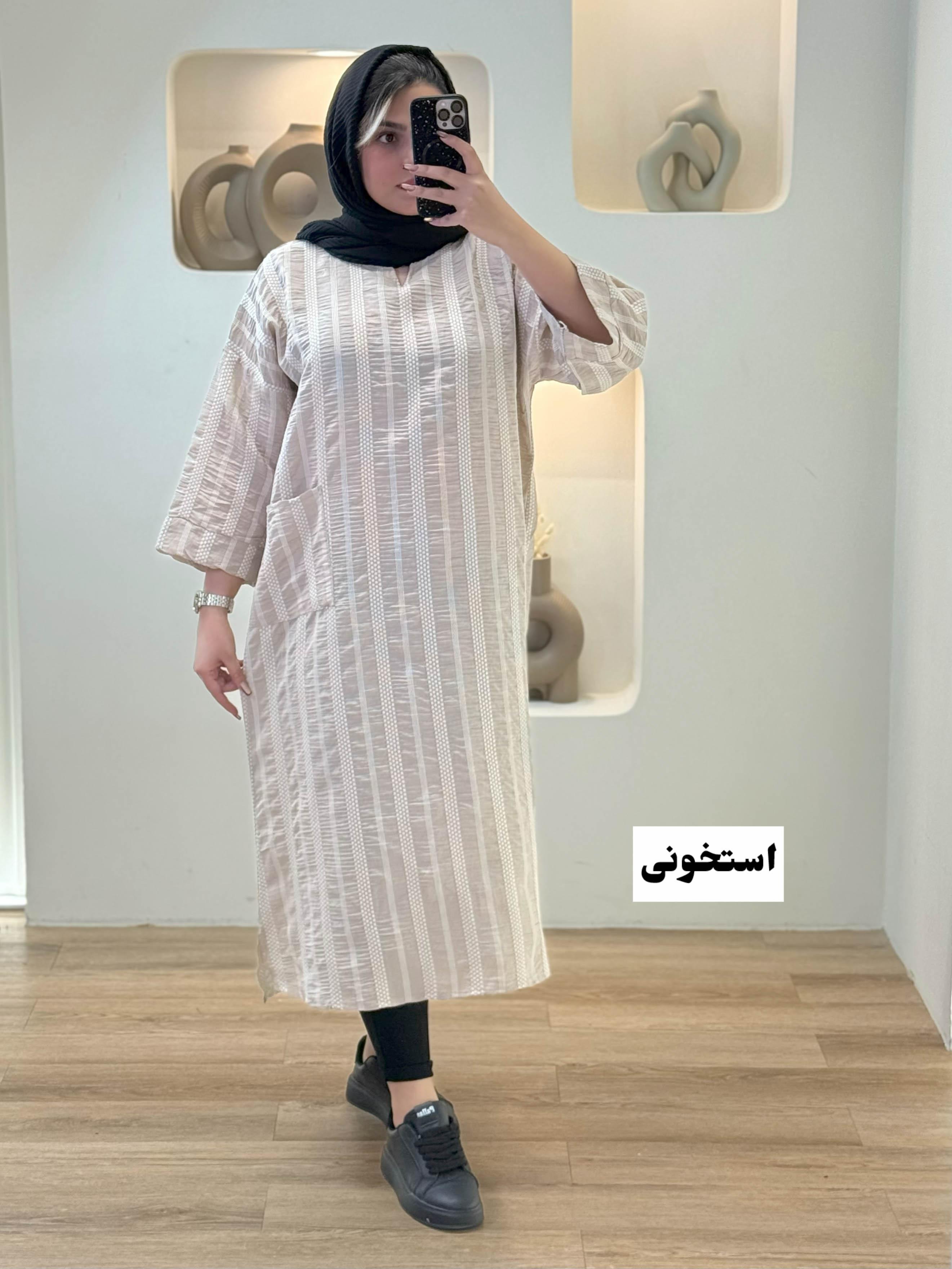 کفتان کوک دوزی یقه کوبایی - 8036 - رنگ : استخونی