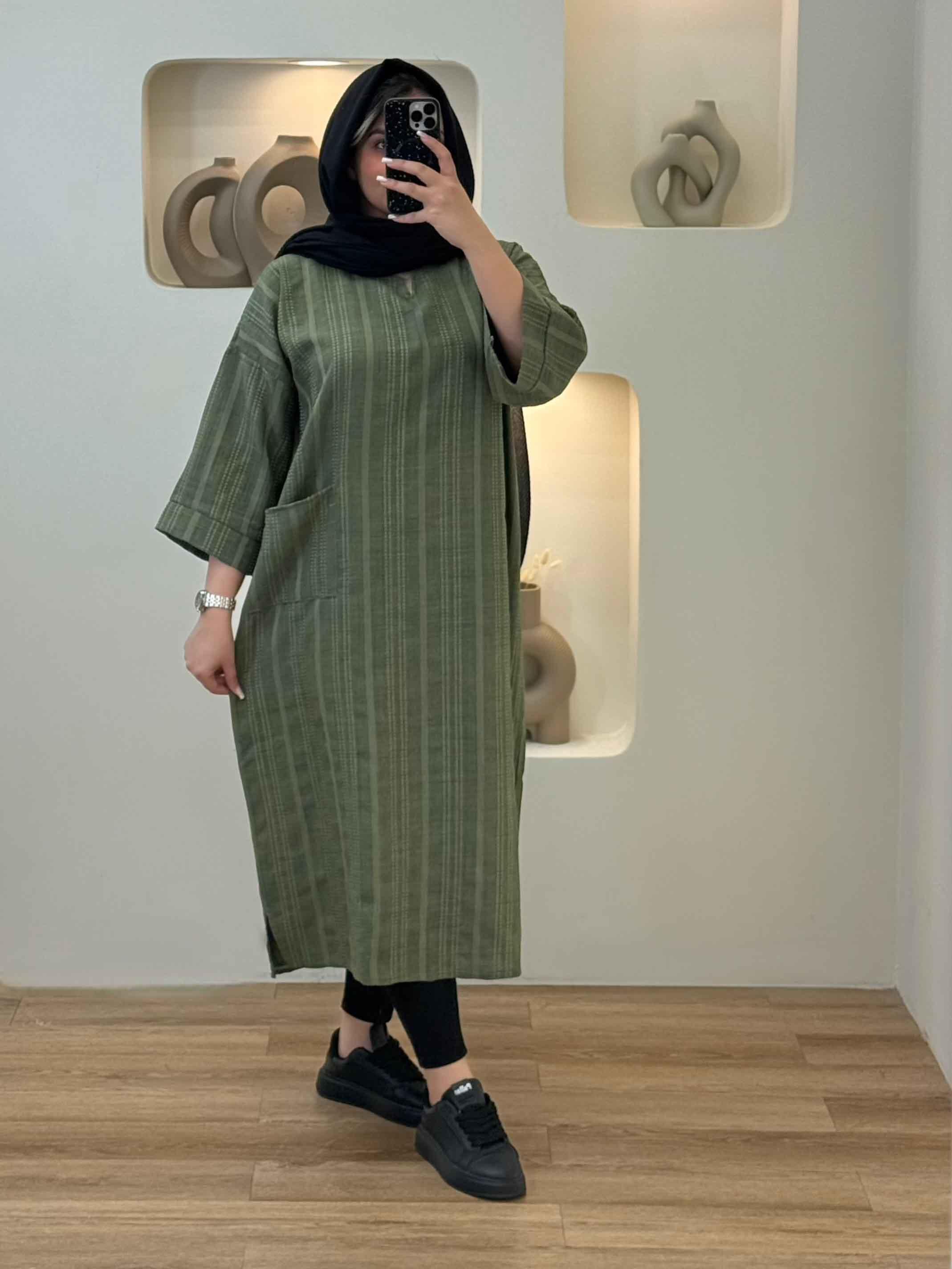کفتان کوک دوزی یقه کوبایی - 8036 - رنگ : سبز