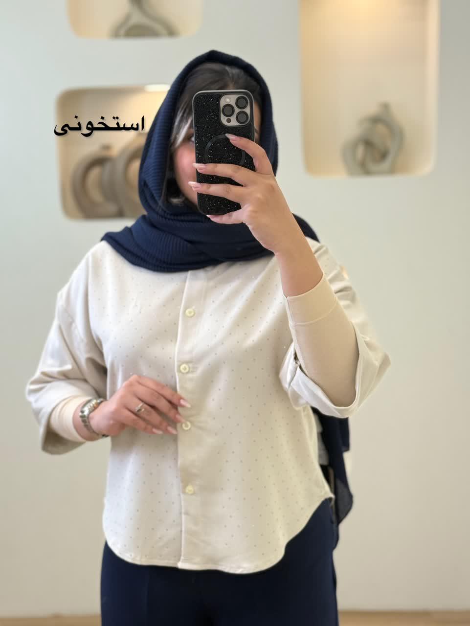 شومیز کتان پیچ نگین دار - 2654 - رنگ : مشکی