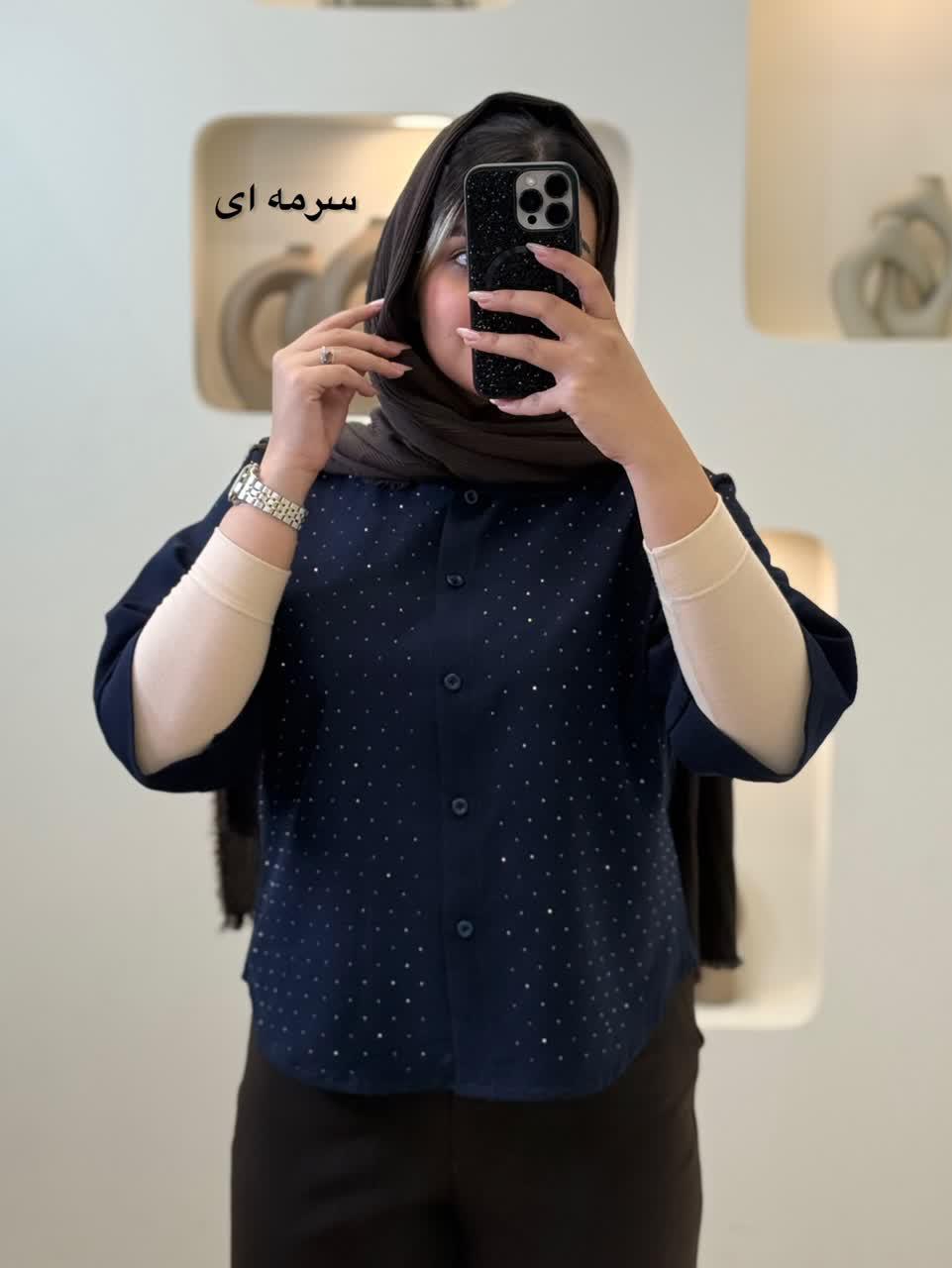 شومیز کتان پیچ نگین دار - 2654 - رنگ : مشکی