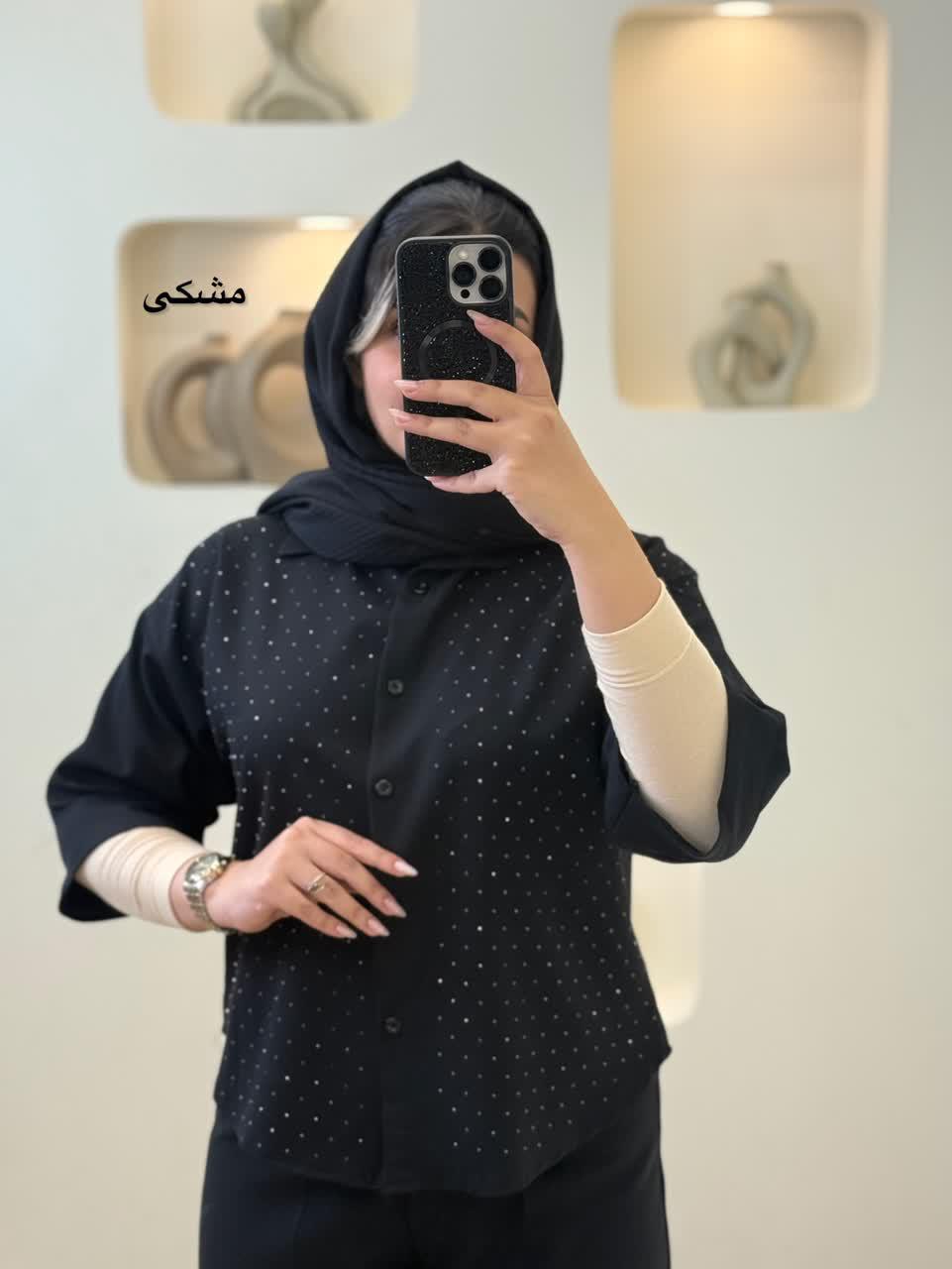 شومیز کتان پیچ نگین دار - 2654 - رنگ : سرمه ای