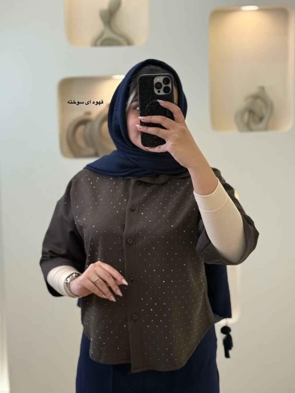 شومیز کتان پیچ نگین دار - 2654 - رنگ : سرمه ای
