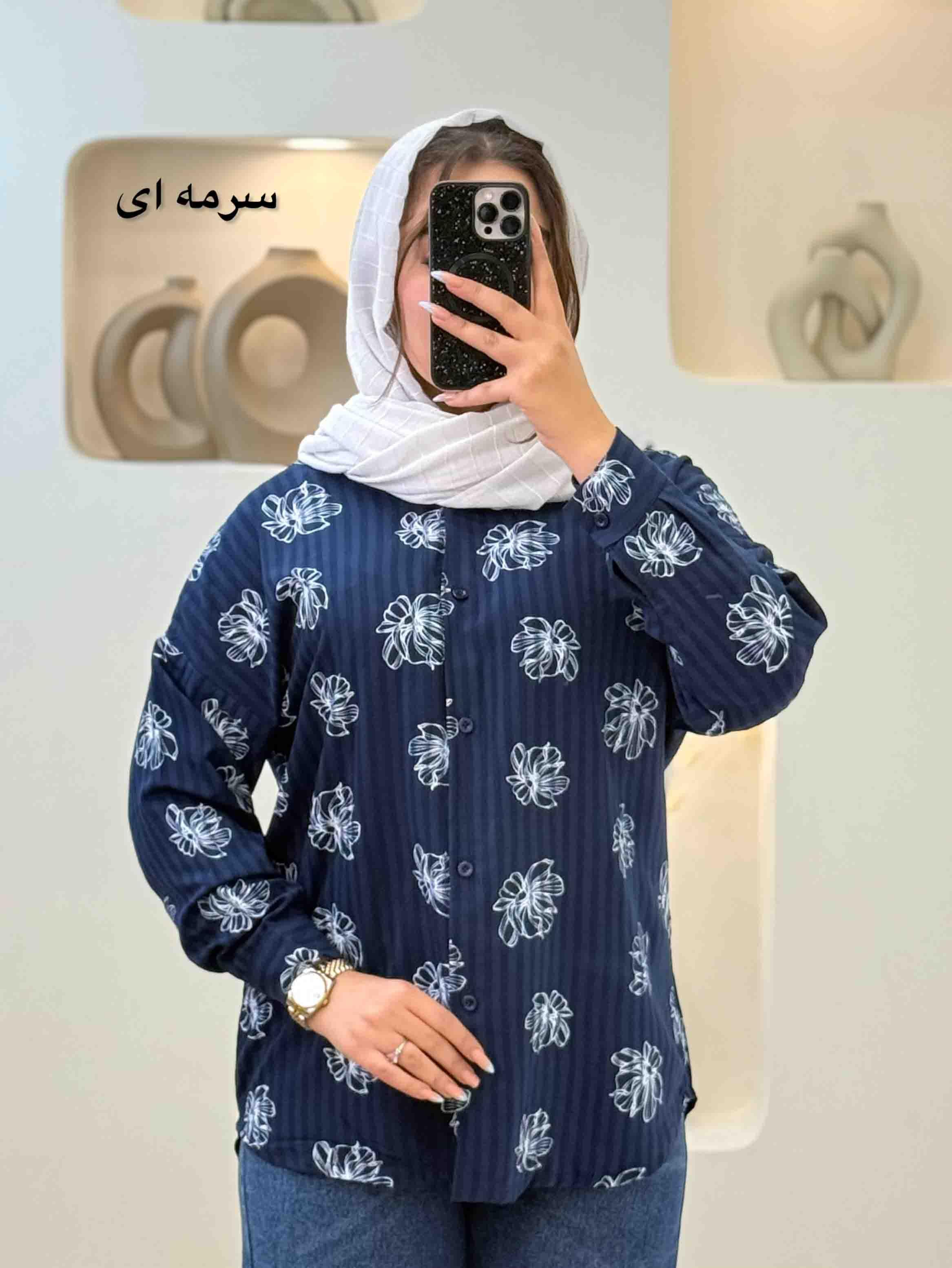 شومیز گلدار بلند - 10150 - رنگ : سرمه ای