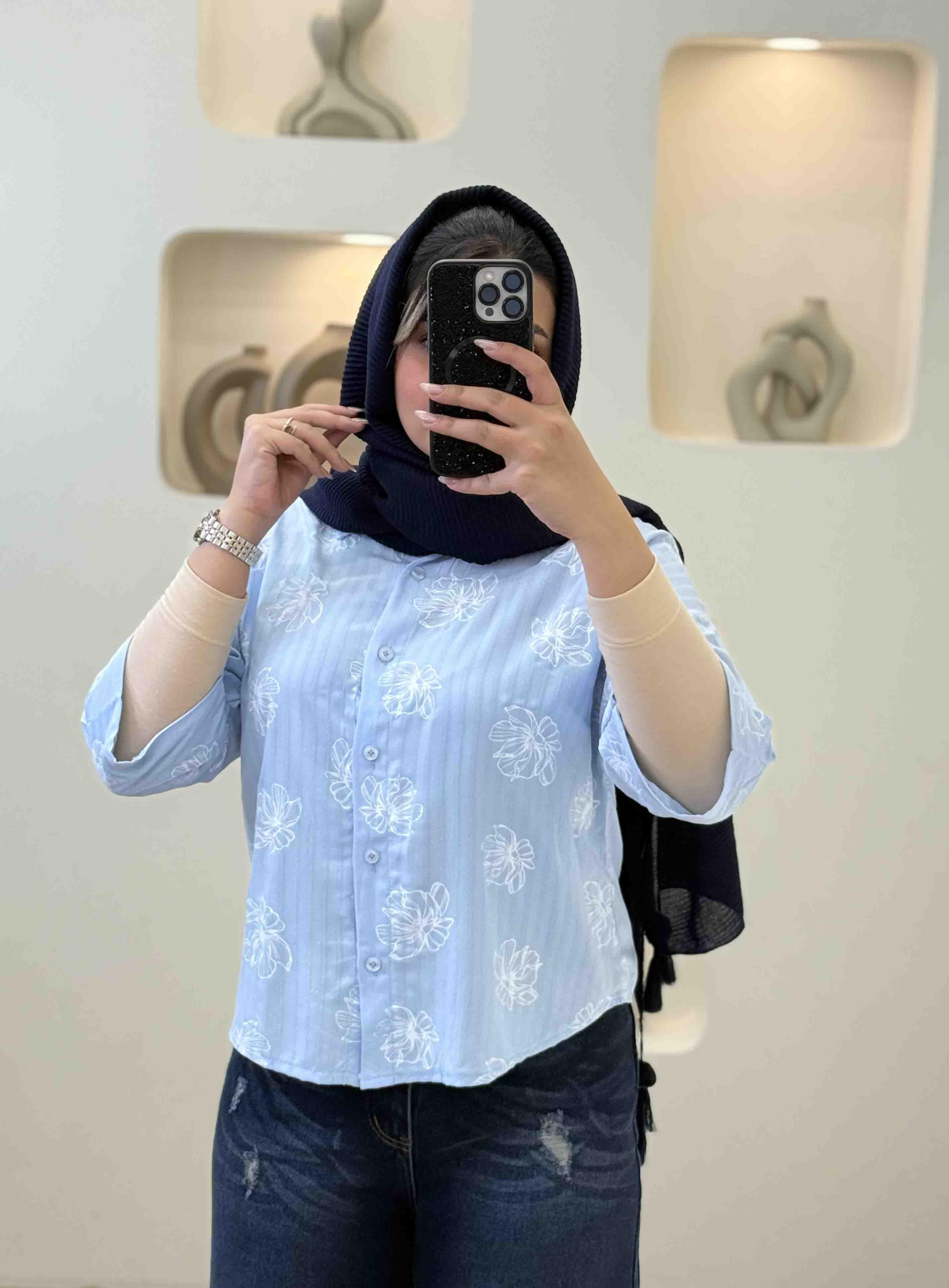 شومیز گلدار استین پاکتی-6352 - رنگ : آبی