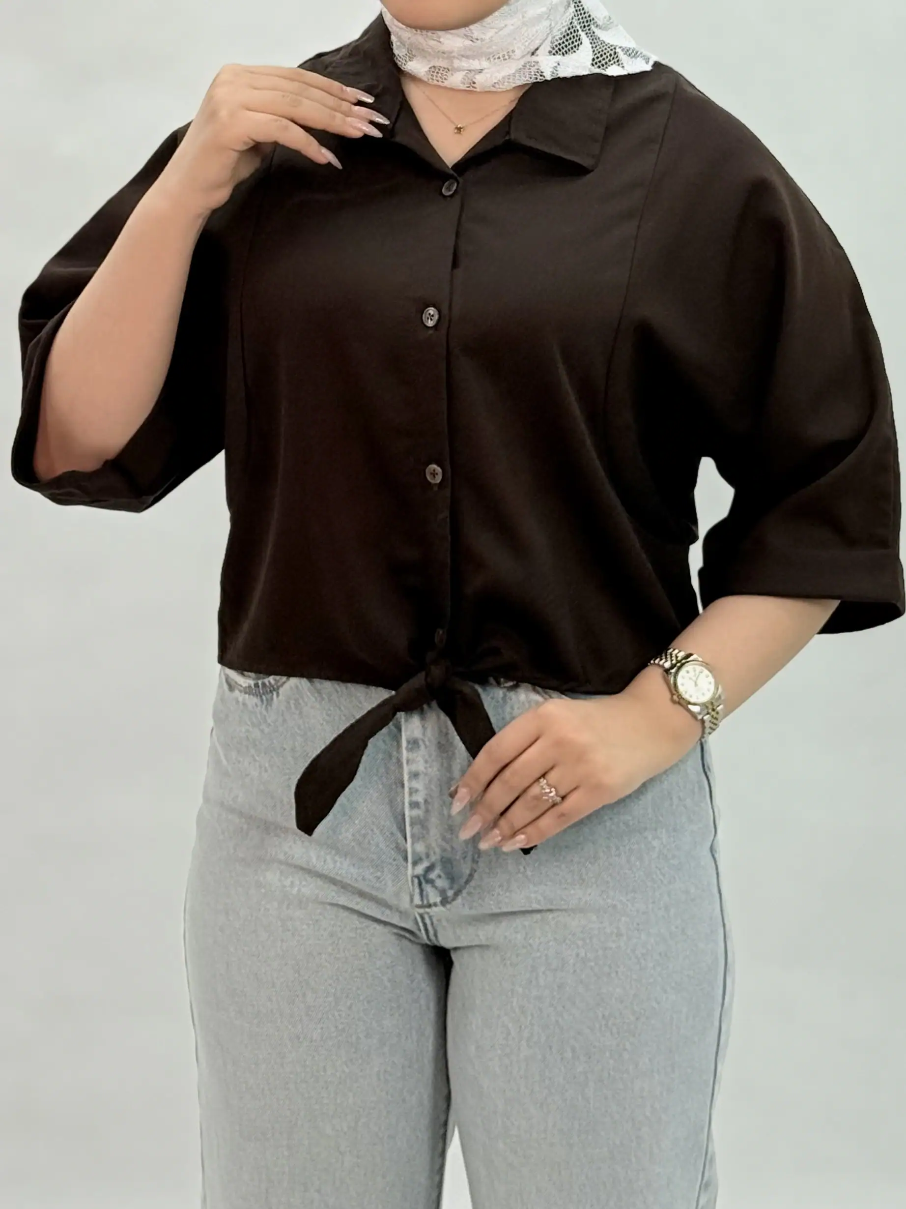 شومیز کتان پیچ کراپ گره ای-210287